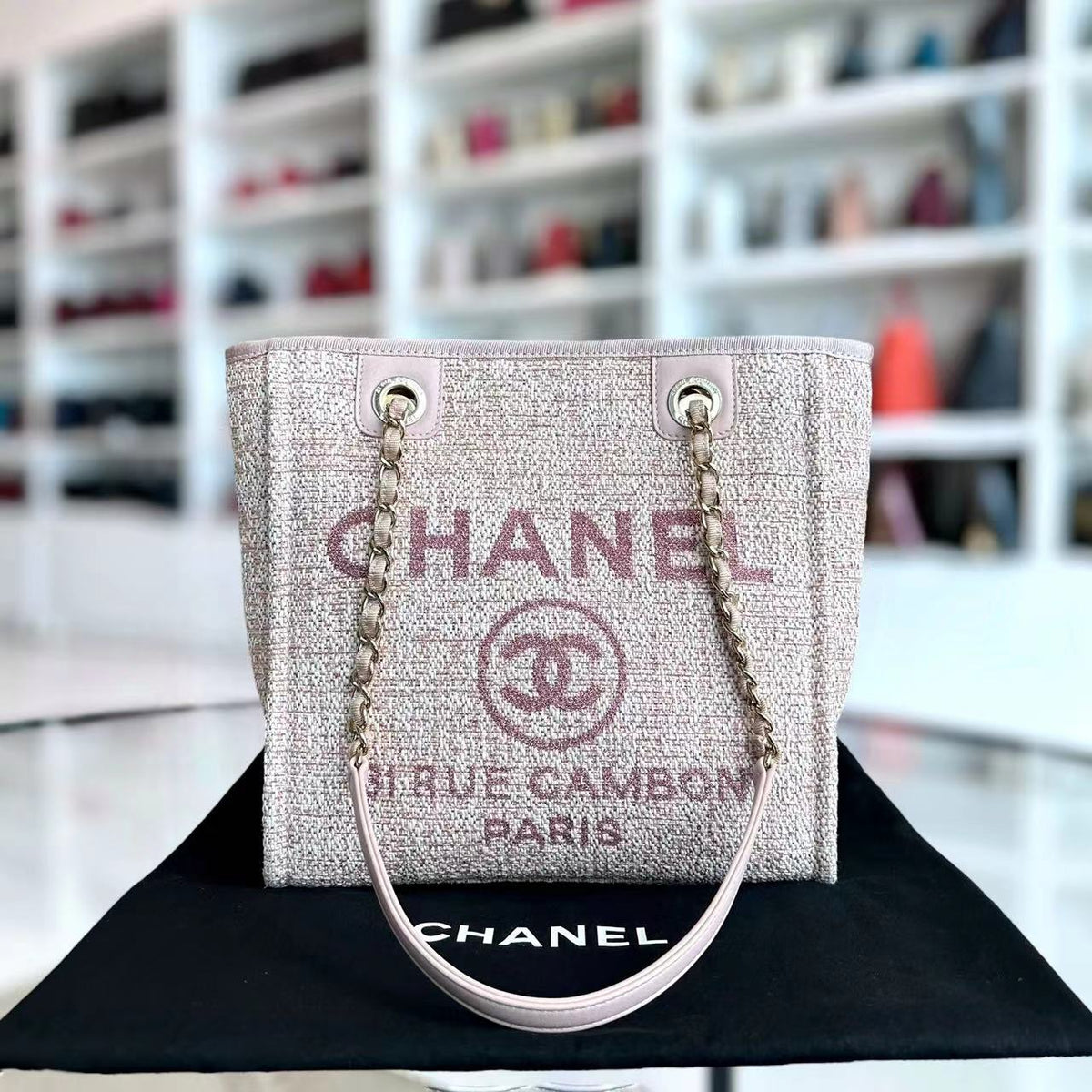 Chanel Deauville Tote Mini - Pink Fabric with Gold Lettering