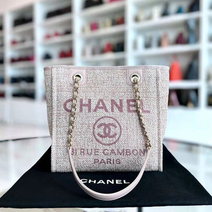 Chanel Deauville Tote Mini - Pink Fabric with Gold Lettering