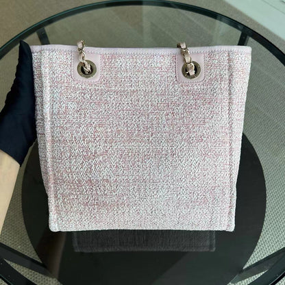 Chanel Deauville Tote Mini - Pink Fabric with Gold Lettering
