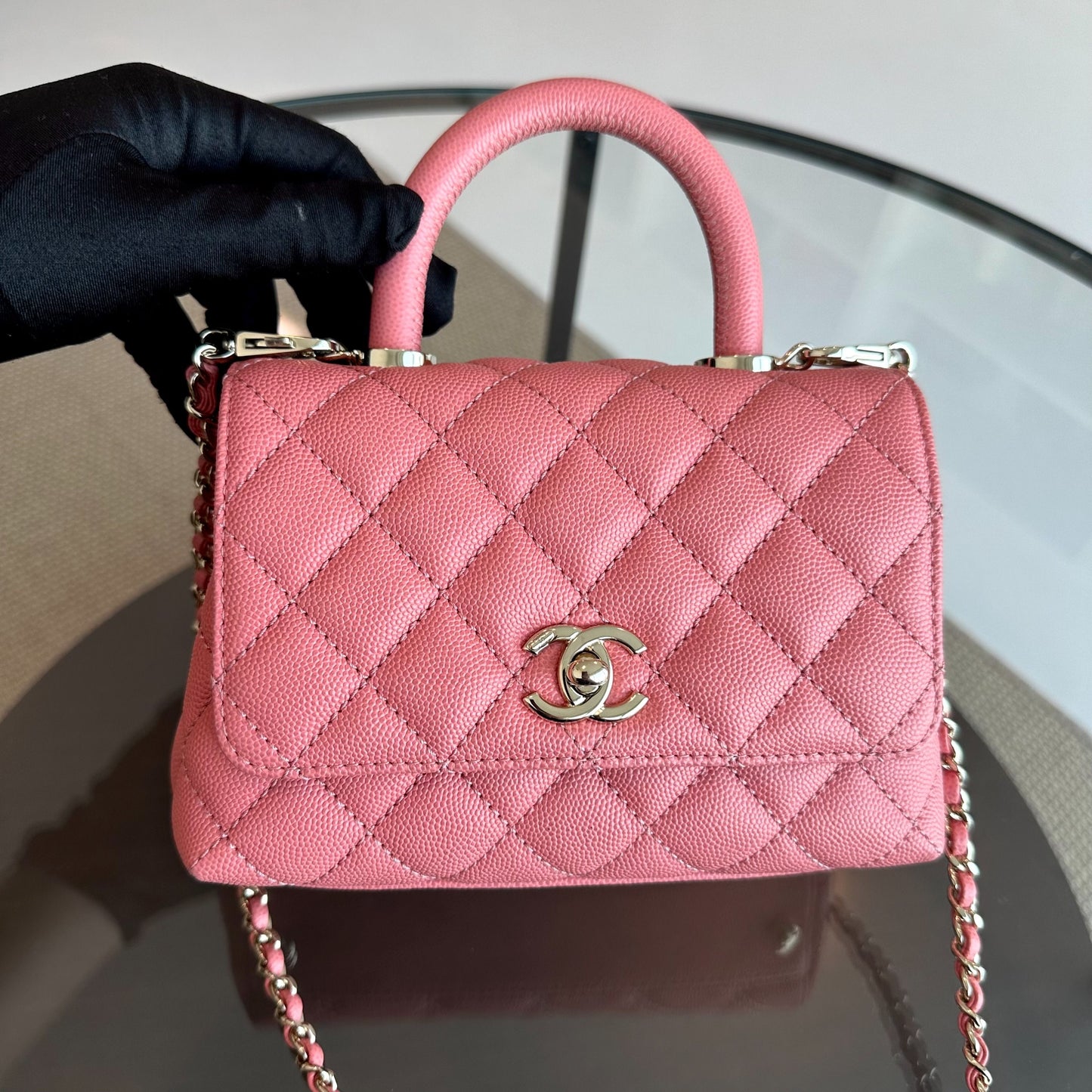 *Microchip, Full Set, Receipt* Mini Caviar Coco Handle Quilted Light Pink GHW