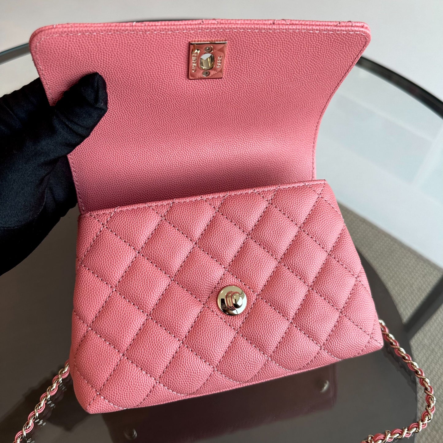 *Microchip, Full Set, Receipt* Mini Caviar Coco Handle Quilted Light Pink GHW