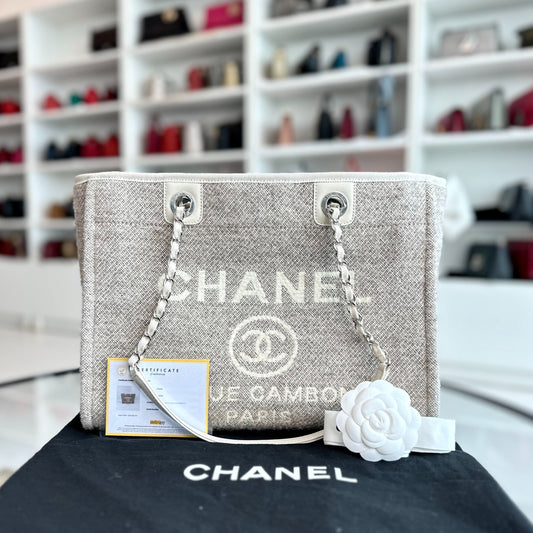 *Microchip, Like New* Chanel Deauville Tote Medium Grey White SHW Microchip