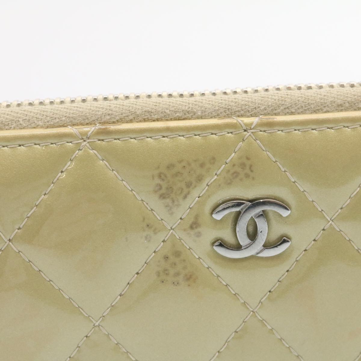 CHANEL Matelasse Long Wallet Enamel Gray CC Auth 34534