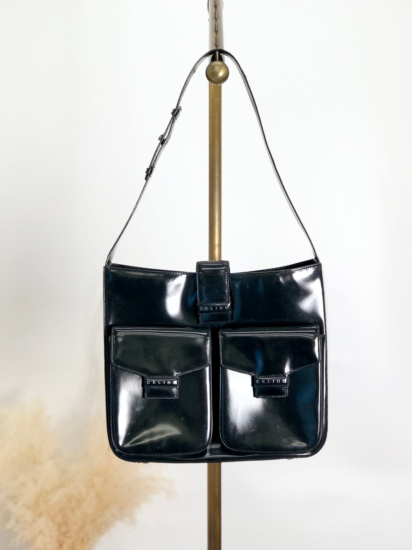CELINE Logo Shoulder bag Black Vintage tabt7f
