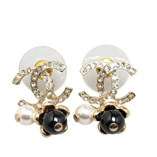 Chanel Gold Plated Coco Mark Rhinestone Flower Motif Earrings A21C