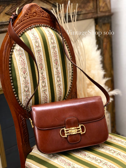 CELINE Three Horsebit Crossbody Shoulder bag Brown Vintage Old Celine jjcdny