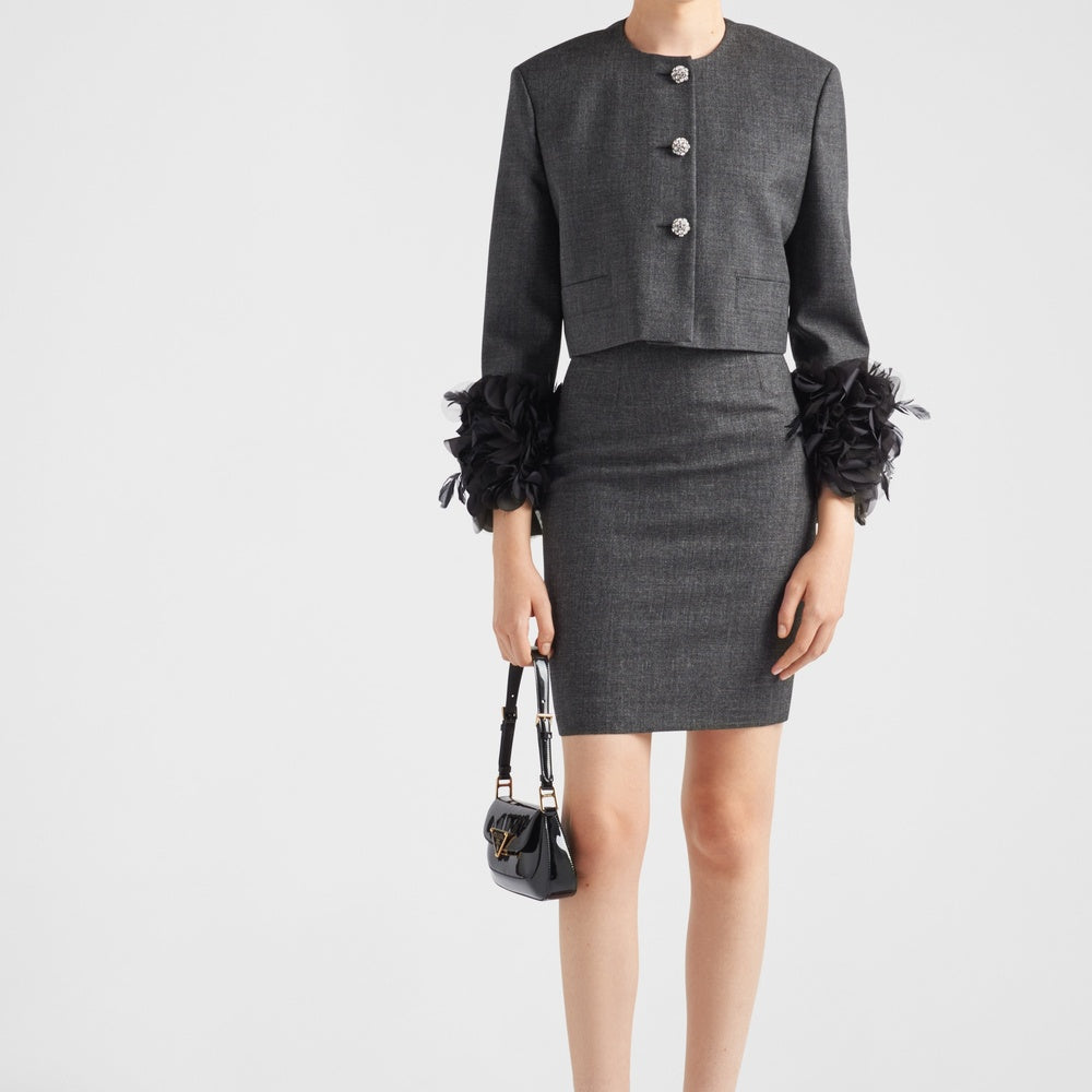 Feather-trimmed single-breasted wool jacket