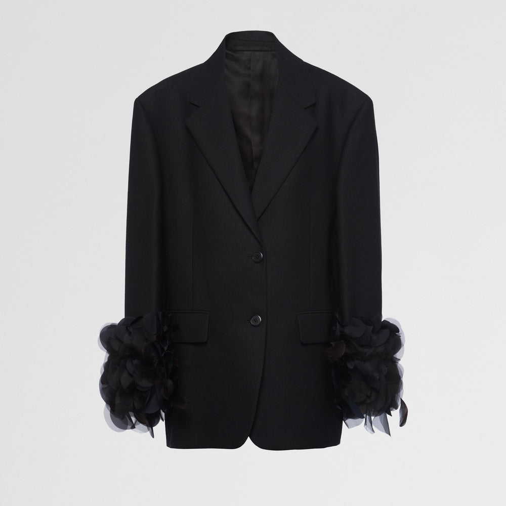Single-breasted wool jacket with feather trim