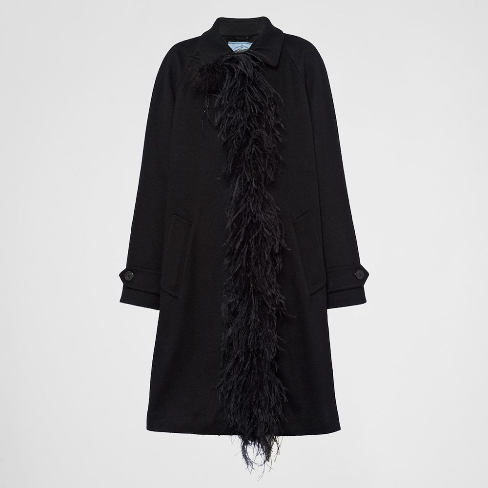 Single-breasted cashmere coat with feathers