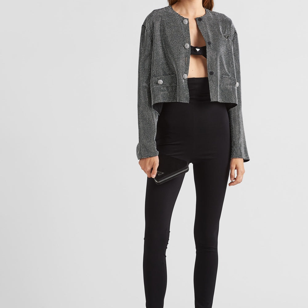 Single-breasted rhinestone encrusted mesh jacket