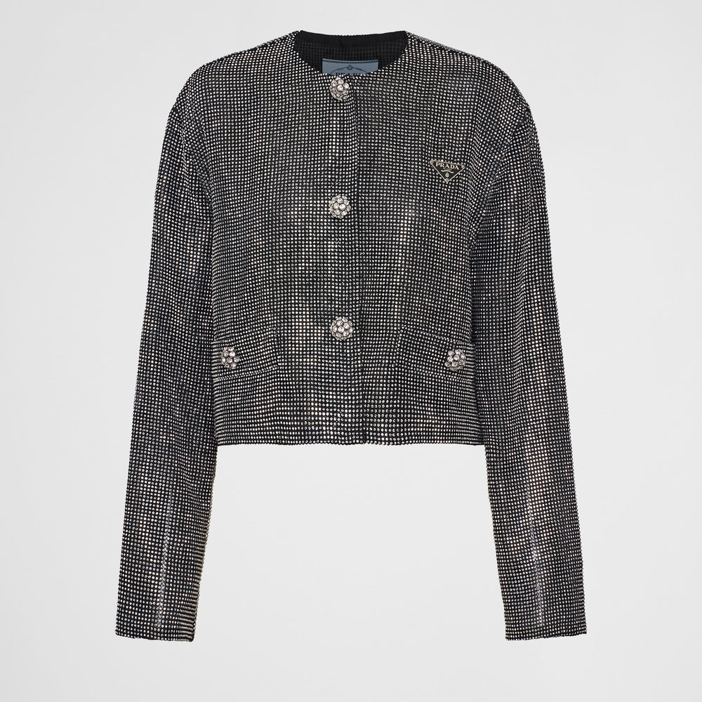 Single-breasted rhinestone encrusted mesh jacket