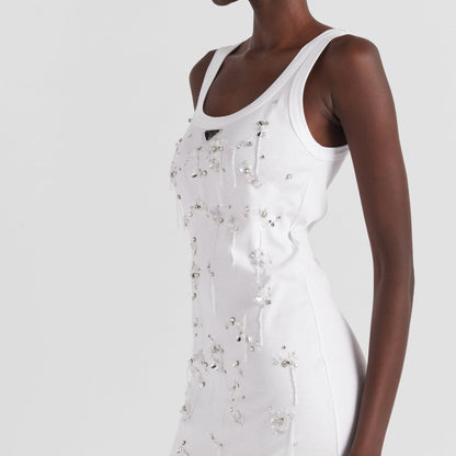 Embroidered ribbed jersey dress