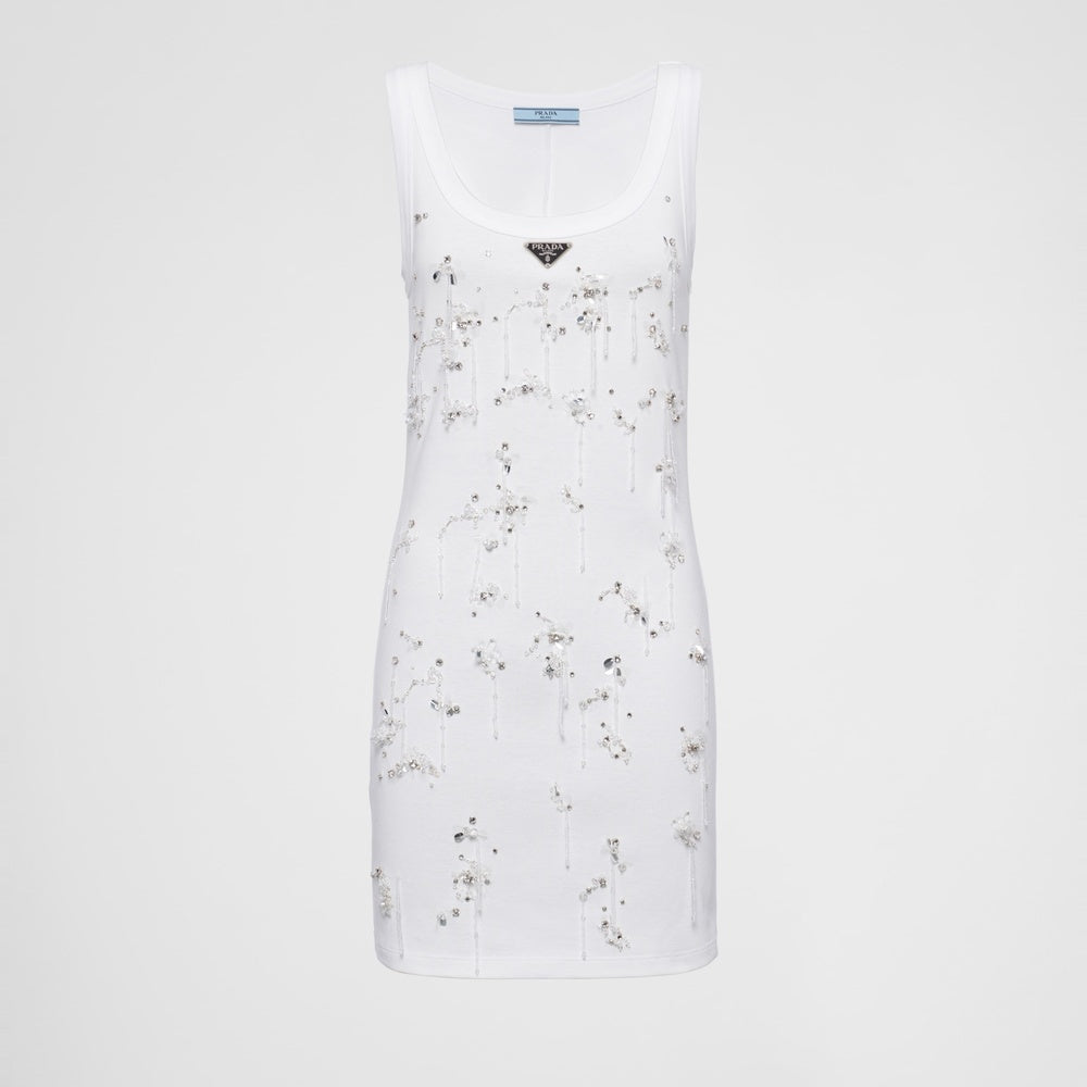 Embroidered ribbed jersey dress