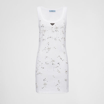 Embroidered ribbed jersey dress