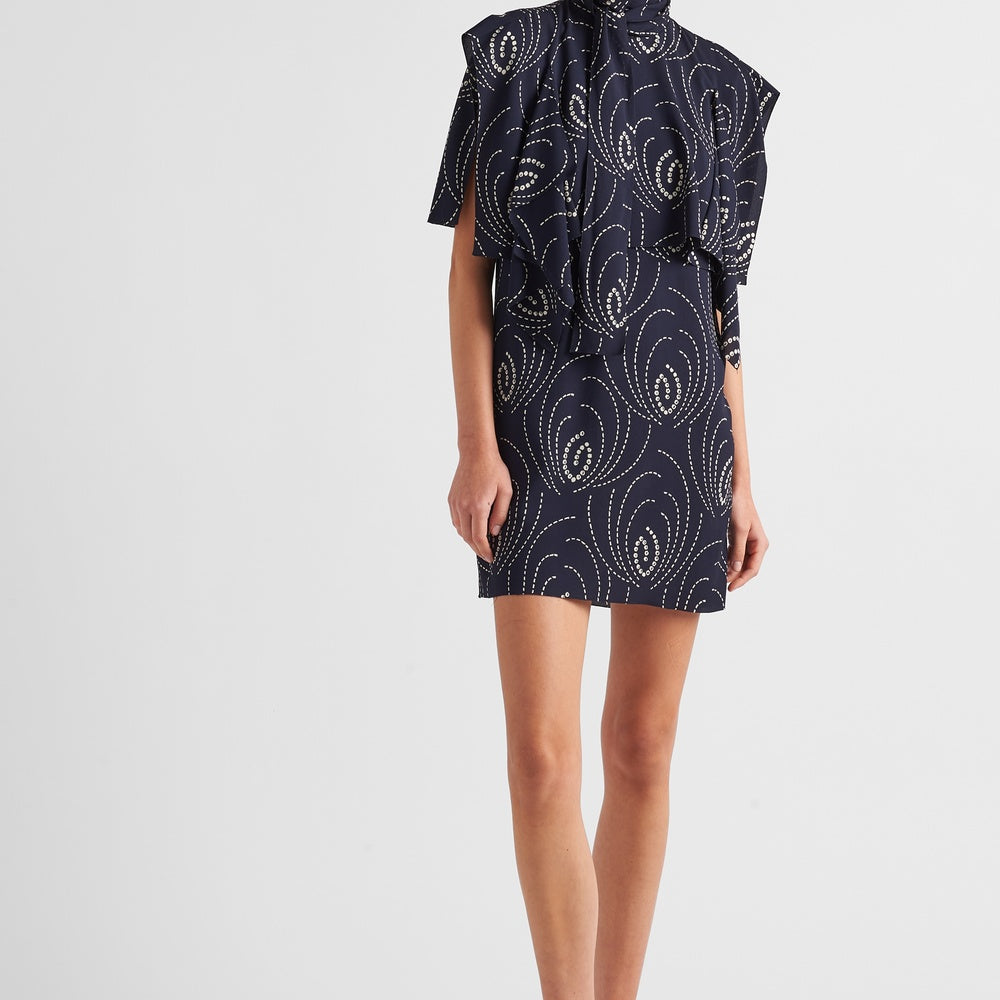 Printed sablé mini-dress with scarf collar