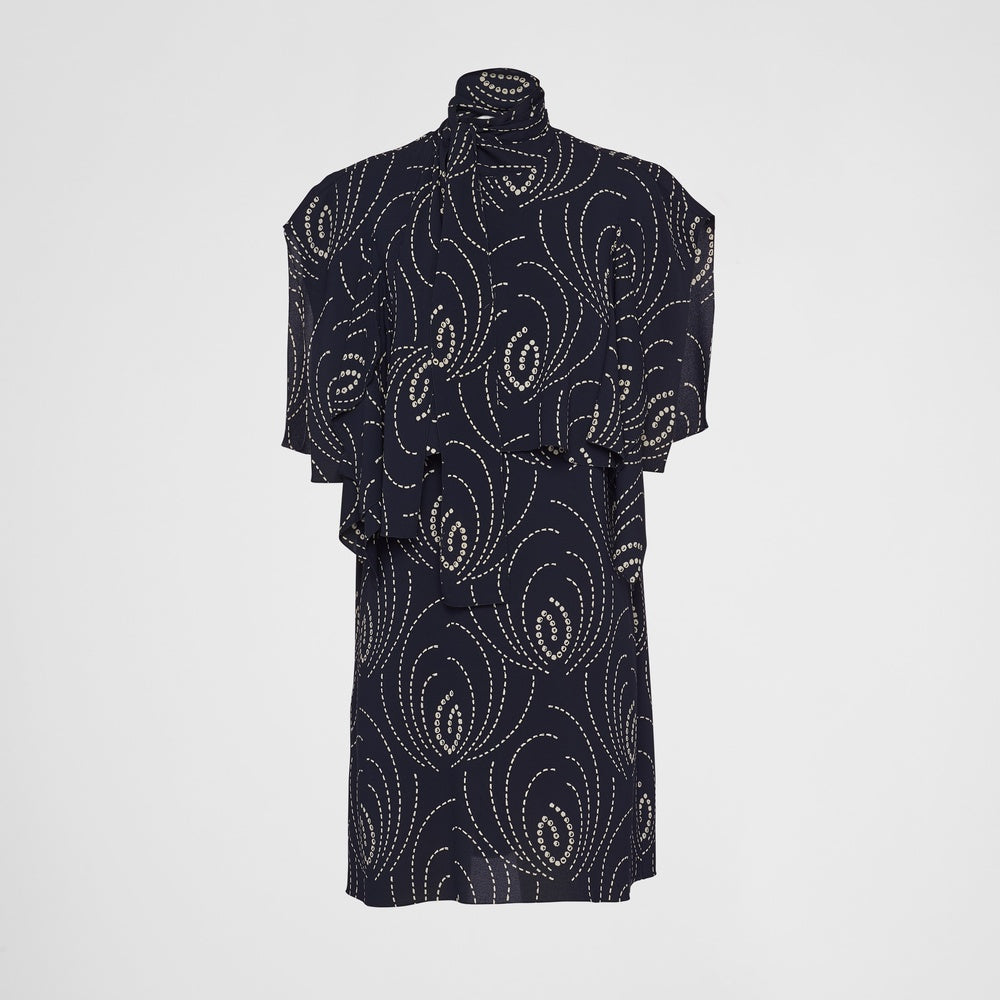 Printed sablé mini-dress with scarf collar