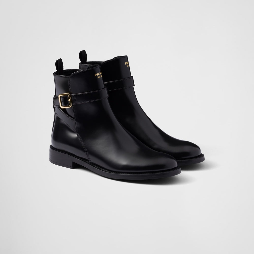 Brushed leather ankle boots with strap
