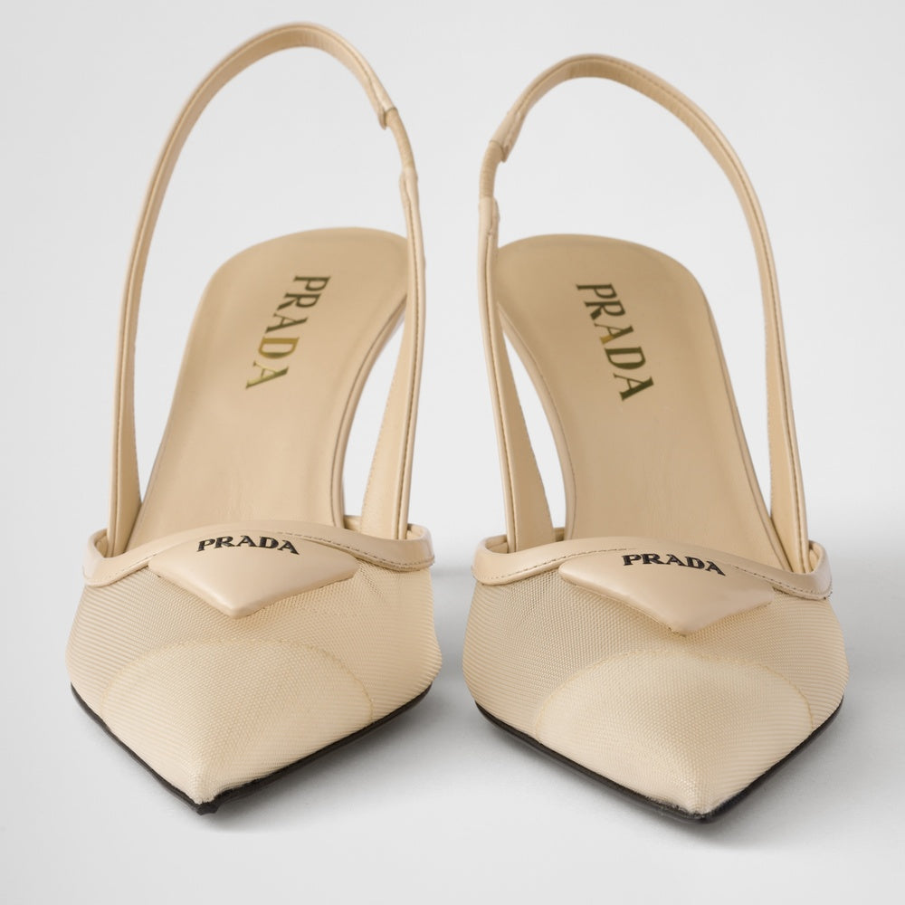 Mesh fabric slingback pumps