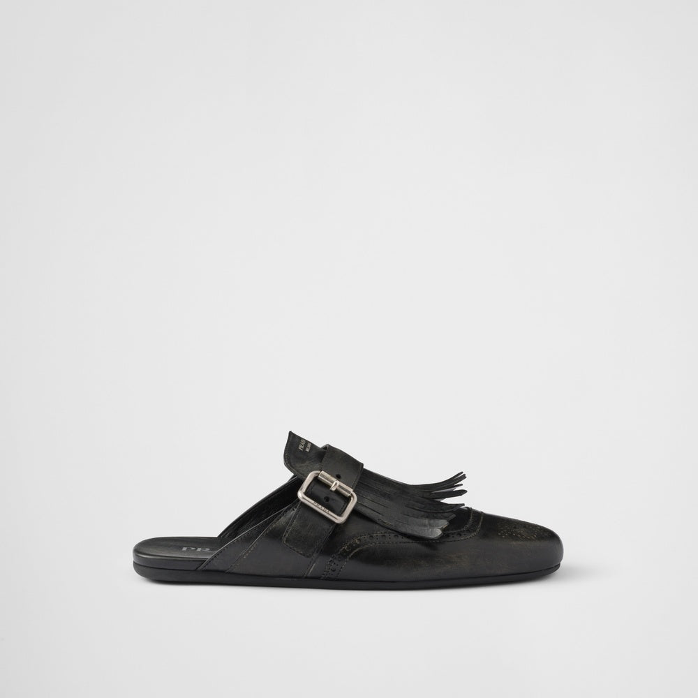 Shuffle fringed leather mules
