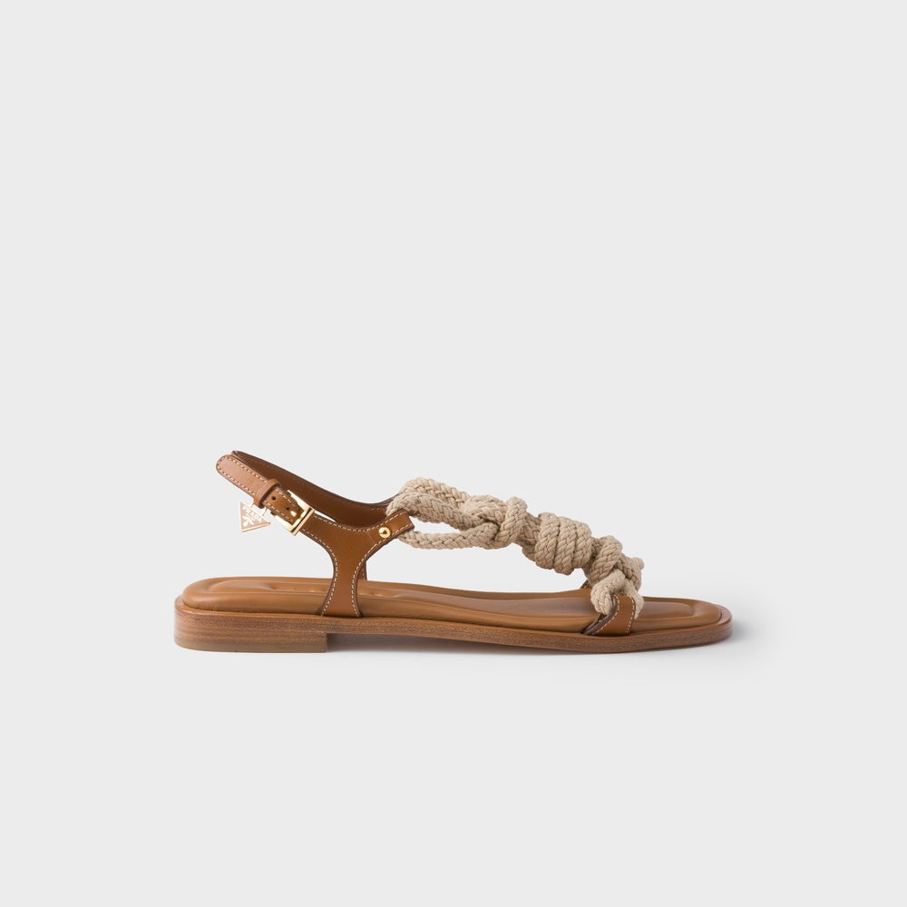 Flat leather and cord sandals