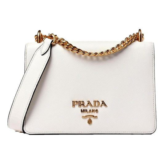 Prada Bianco White Black Saffiano Leather Chain Crossbody Bag