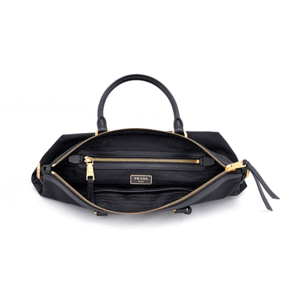 Prada Tessuto Nylon Black Leather Clochette Crossbody Tote Bag