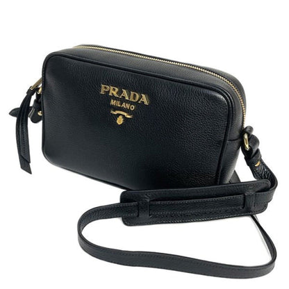 Prada Vitello Phenix Black Leather Gold Logo Camera Crossbody Bag