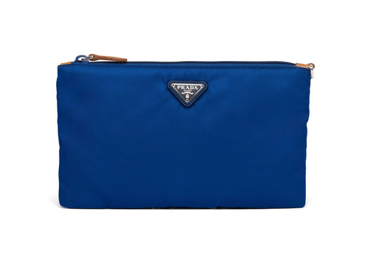 Prada Blue Tessuto Nylon Pouch Wristlet Clutch Silver