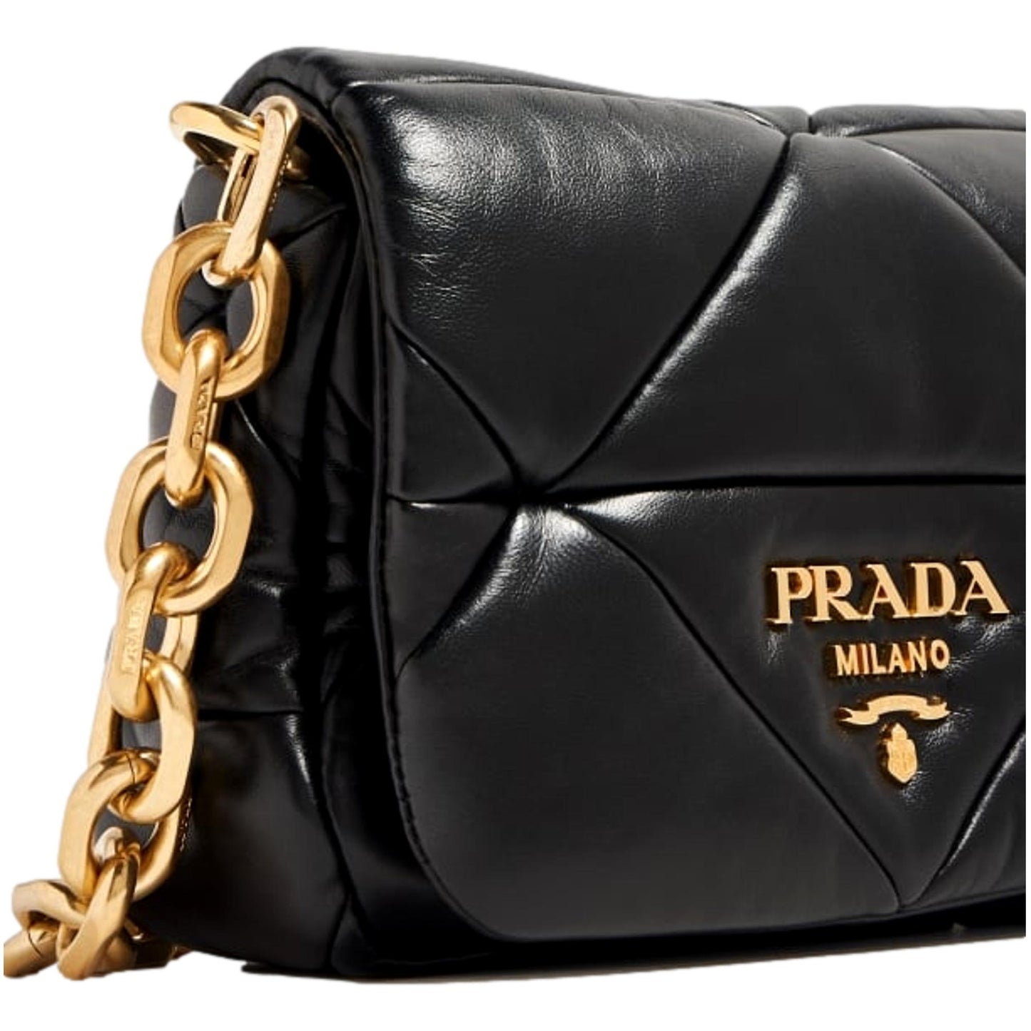 Prada Gold Logo Black Quilted Nappa Patch Leather Small Shoulder Bag