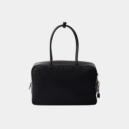 Large Re-Nylon And Leather Top Handle Bag With Padlock
