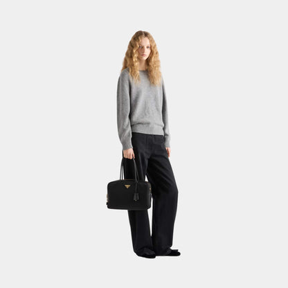 Large Re-Nylon And Leather Top Handle Bag With Padlock