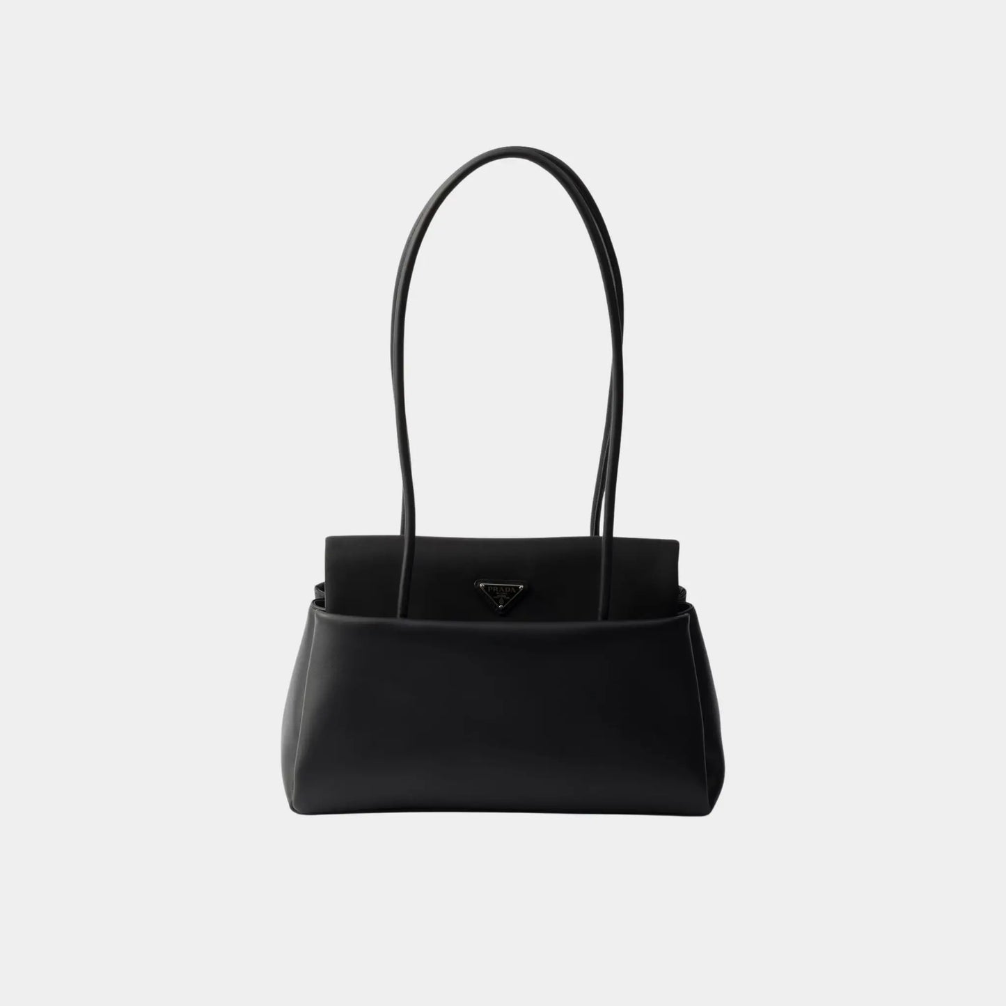 Prada Medium-sized leather bag with Re-Nylon flap, Black , Front 