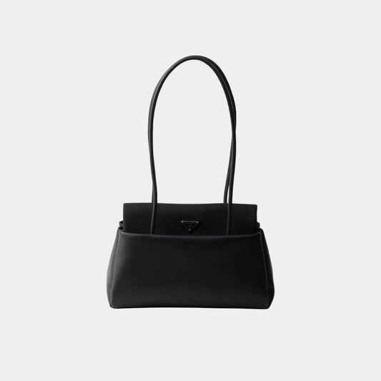 Prada Medium-sized leather bag with Re-Nylon flap, Black , Front 