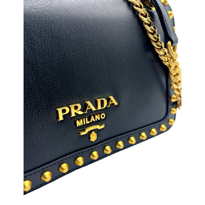 Prada Pattina Black Calf Leather Studded Flap Chain Crossbody Bag