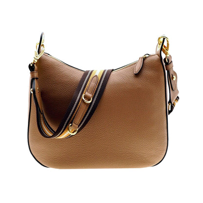 Prada Vitello Phenix Caramel Brown Leather Web Stripe Crossbody Bag