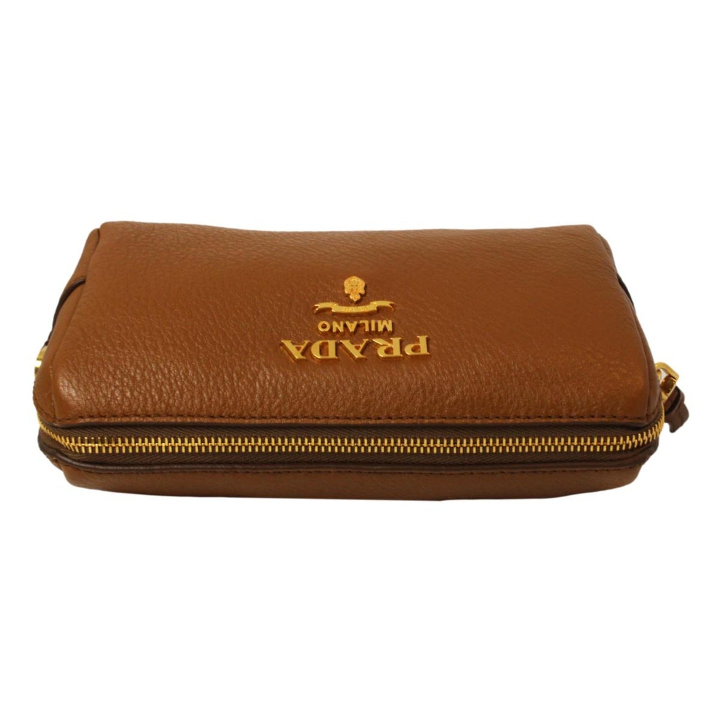 Prada Vitello Daino Cannella Brown Leather Cosmetic Pouch Clutch Bag