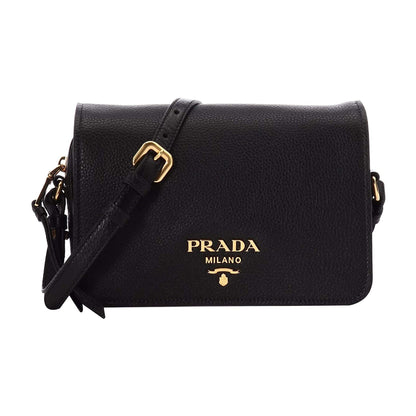 Prada Vitello Phenix Black Leather Flap Crossbody Bag