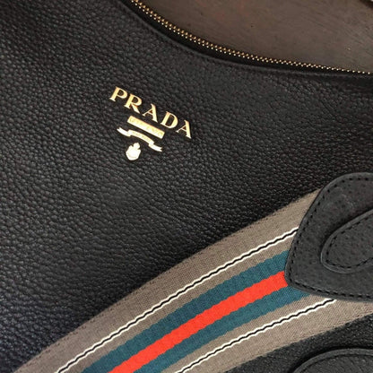 Prada Black Vitello Phenix Leather Web Stripe Strap Crossbody