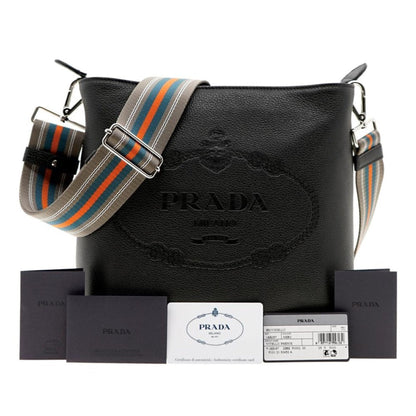 Prada Vitello Phenix Black Leather Web Strap Crossbody Bucket Bag