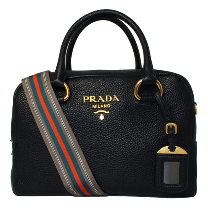 Prada Vitello Phenix Black Leather Web Stripe Crossbody Satchel Bag