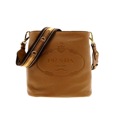 Prada Vitello Phenix Bucket Crossbody Bag Caramel Brown Web Strap