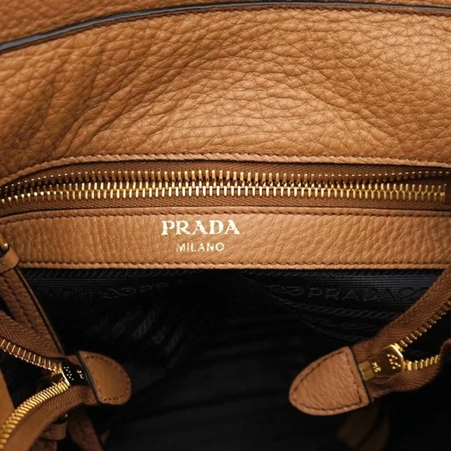 Prada Vitello Phenix Bucket Crossbody Bag Caramel Brown Web Strap