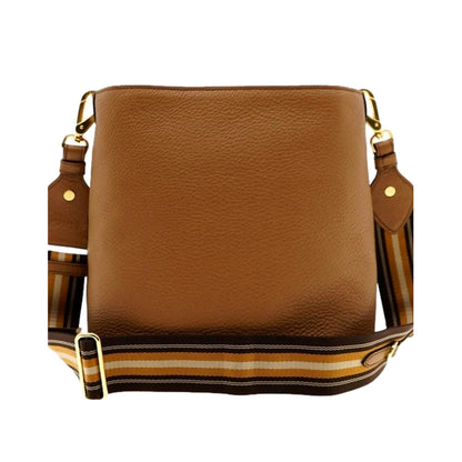 Prada Vitello Phenix Bucket Crossbody Bag Caramel Brown Web Strap