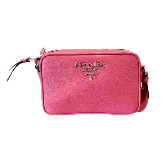 Prada Vitello Phenix Pink Leather Silver Logo Small Camera Crossbody Bag