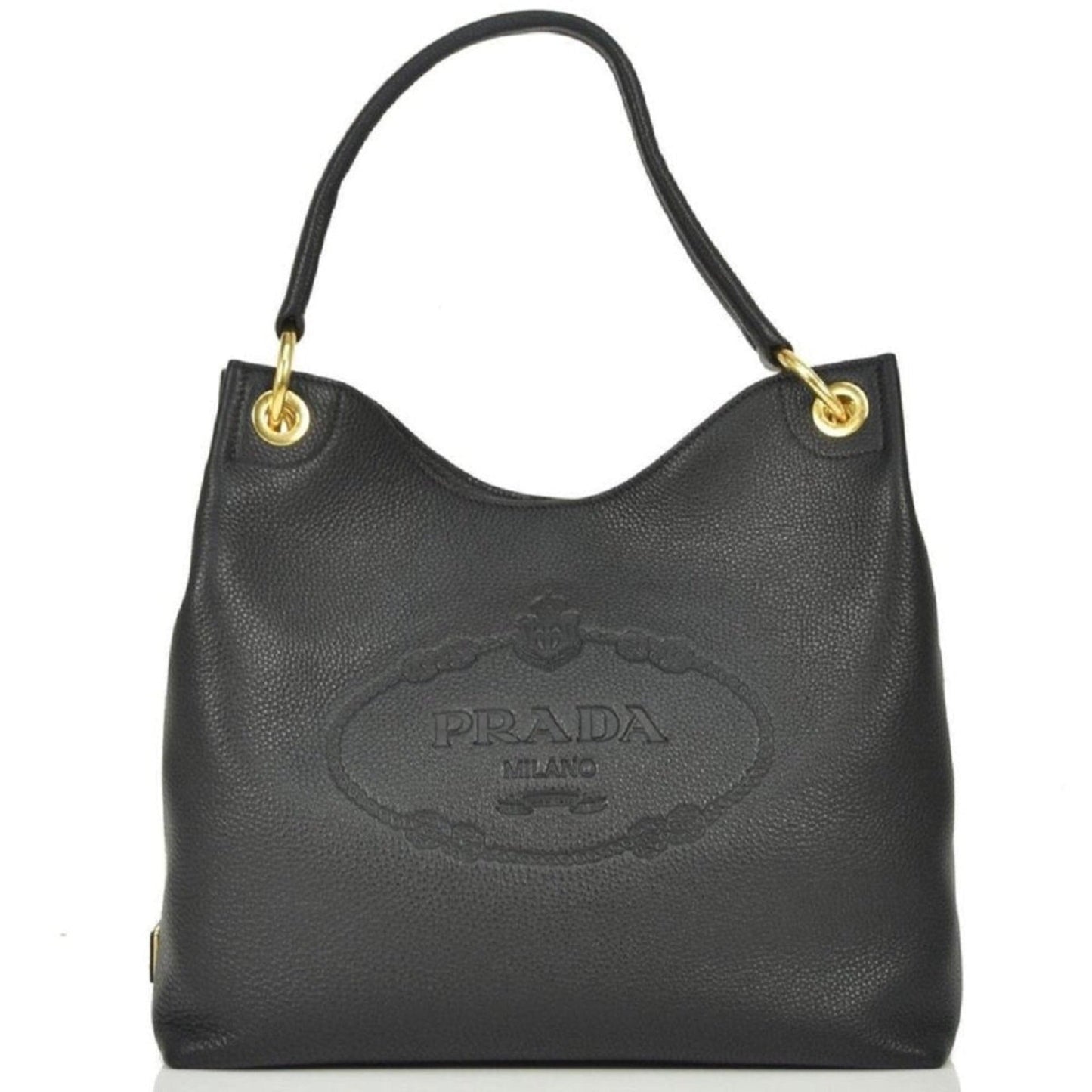 Prada Vitello Phenix Black Leather Embossed Logo Hobo Tote Bag