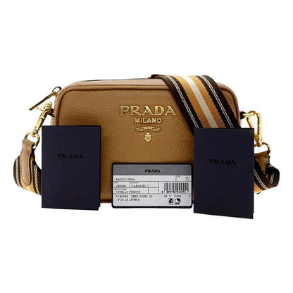 Prada Tan Caramel Leather Crossbody Bag Web Stripe Strap