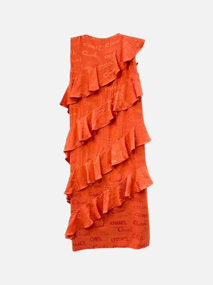 CHANEL Ruffled Rusty Orange Logo Size US 8 Short Dress
