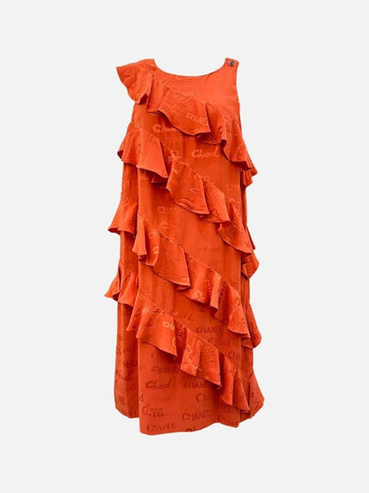 CHANEL Ruffled Rusty Orange Logo Size US 8 Short Dress