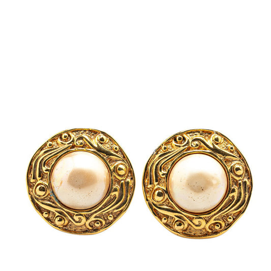 Chanel Gold Plated Round Fake Pearl Earrings