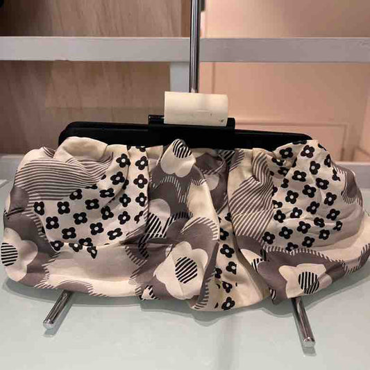 Chanel Vintage Floral Printed Silk Pouch Black White Medium